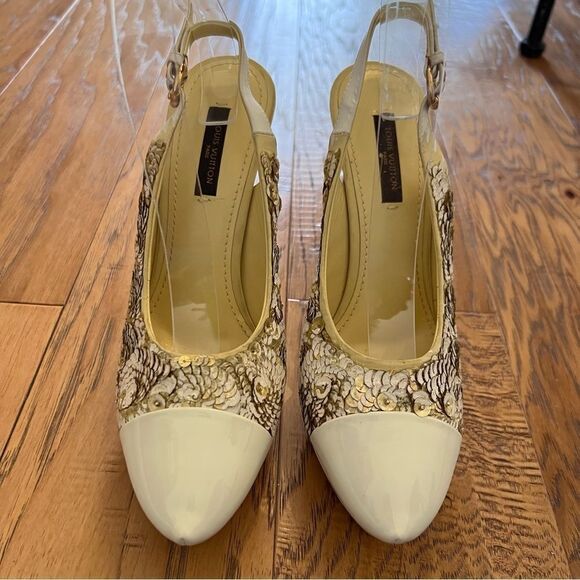 LOUIS VUITTON White Patent Leather Sequin Slingback Pumps Size 37.5 Authentic - Picture 3 of 14